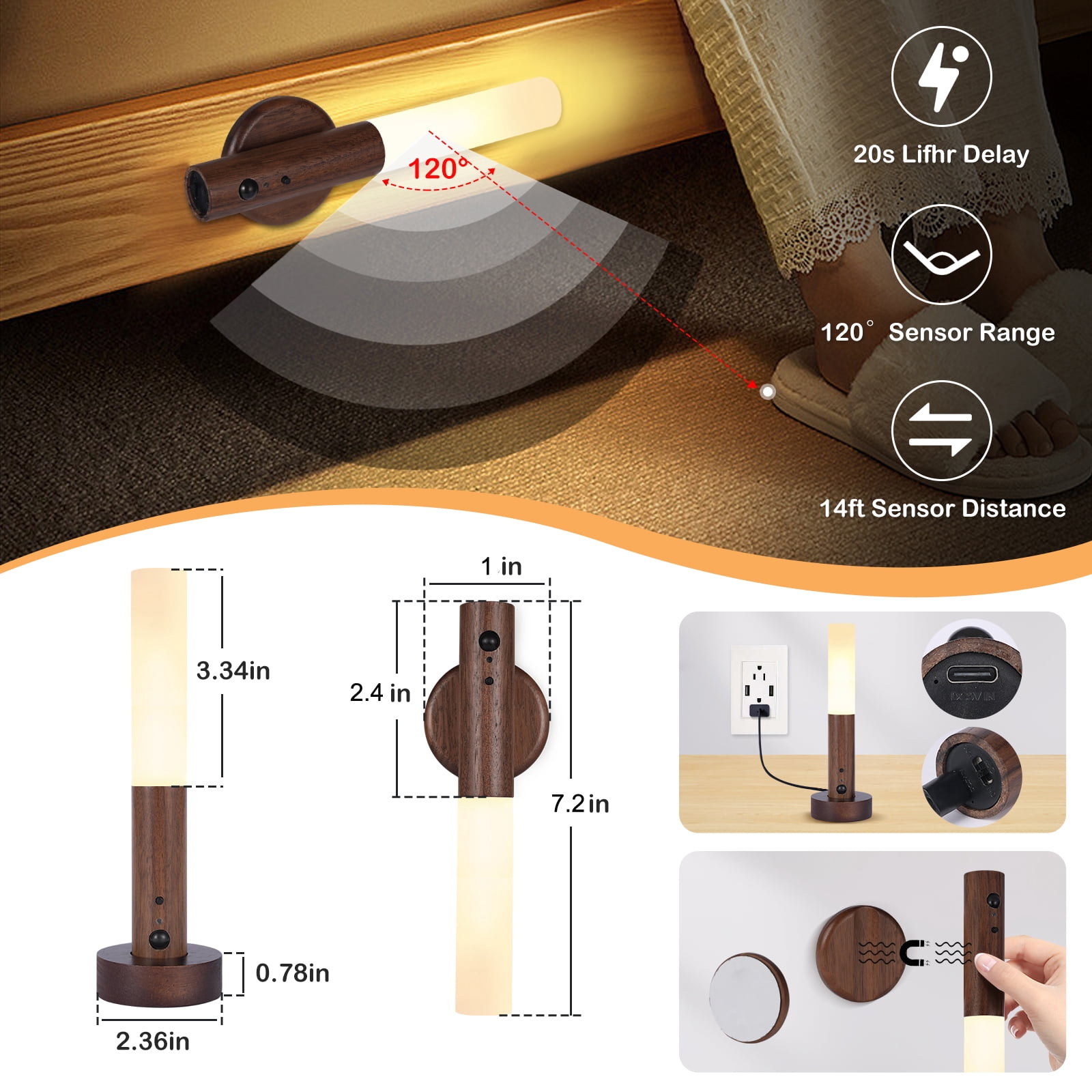 2PCS Motion Sensor Night Lights – Wooden Wall Sconce with 3 Adjustable Brightness Modes, Rechargeable Magnetic Motion Sensor Lights, Perfect for Indoor Use, Hallways, Entryways, and Corridors