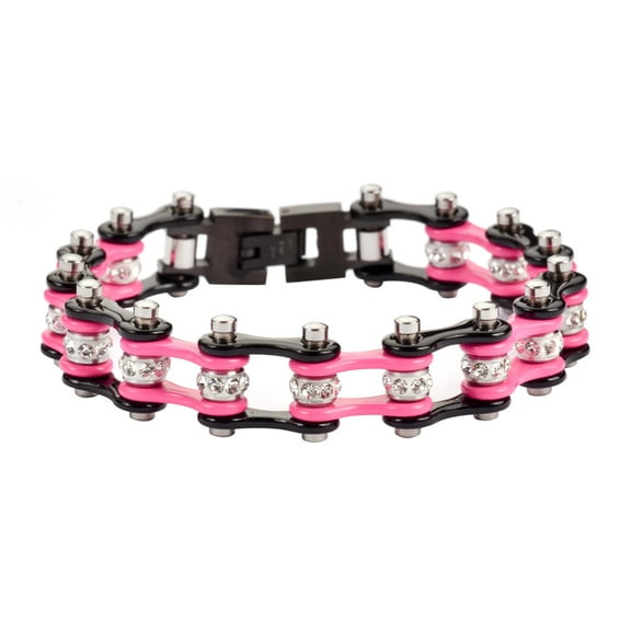 SK1197 Black/Pink Bike Chain Bracelet 1/2" Wide - Size 7.25"