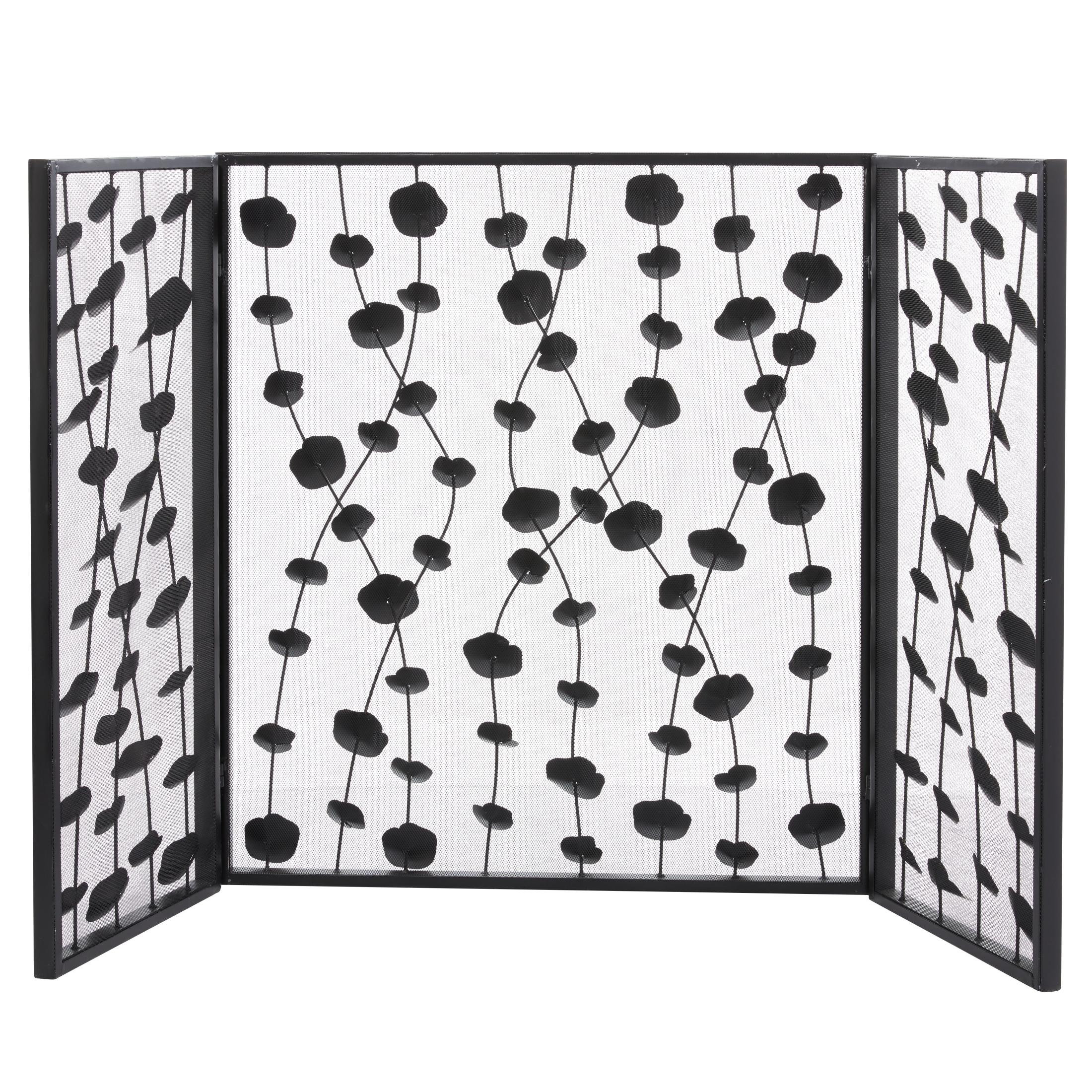 DecMode 56" x 32" Gold Metal Foldable Mesh Netting 3 Panel Floral Fireplace Screen with 3D Floral on Vines, 1-Piece