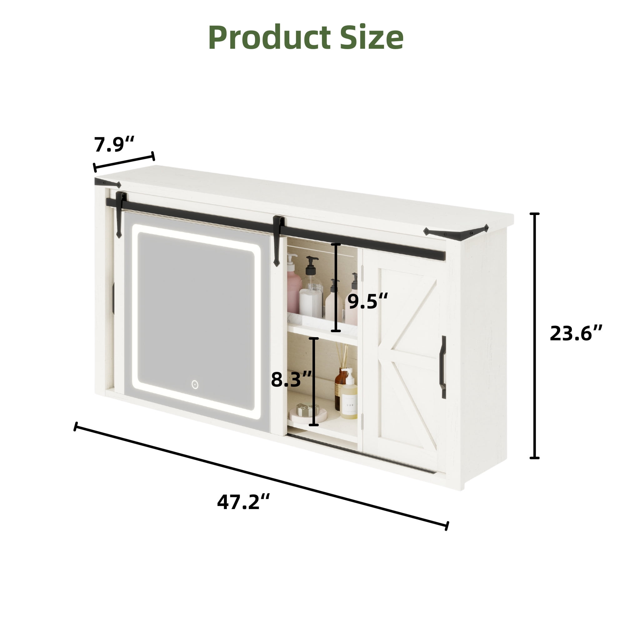 Uforic 47" Bathroom Medicine Cabinet with LED Lights Mirror, Wall Mounted Cabinet with Doors and Shelves, White