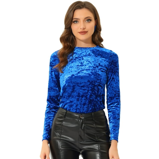 INSPIRE CHIC Blouse en Velours à Manches Longues Décontractée à Col Rond pour Femme Bleu Royal P