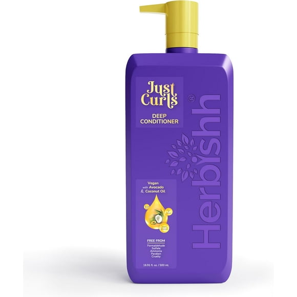 Herbishh Just Curls Deep Conditioner with Avocado & Coconut oil, Revives Dry & Damaged Hair, Moisturizing & Conditioning Deep Nourishment, Ideal For Frizzy Hair, Paraben-free & Vegan (16.91 fl.oz)