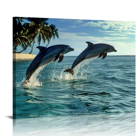 JRXY Blue Dolphin Canvas Wall Art Blue Sky Beach Seascape Wall Painting on Canvas for Home Office Kitchen Bathroom Teen Girls Room Ocean Wall Pictures for Living Room Decor 20x16in