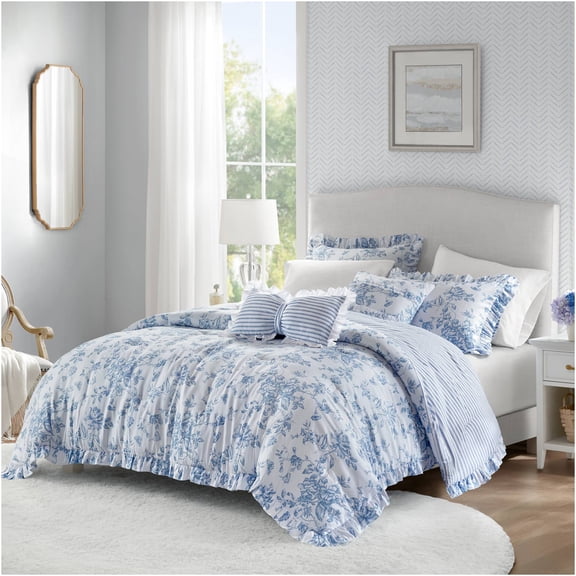 JERFIT Floral Twin Comforter Set with Ruffles, Reversible Blue Bedding Set with 2 Decorative Pillows, Shabby Chic Microfiber Comforter for Girls
