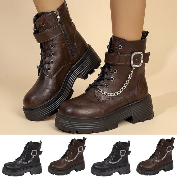 FRSASU Women's Buckle Chain Decor Platform Chunky Heel Boots Side Zipper Lace Up Non Slip Ankle Boots Brown