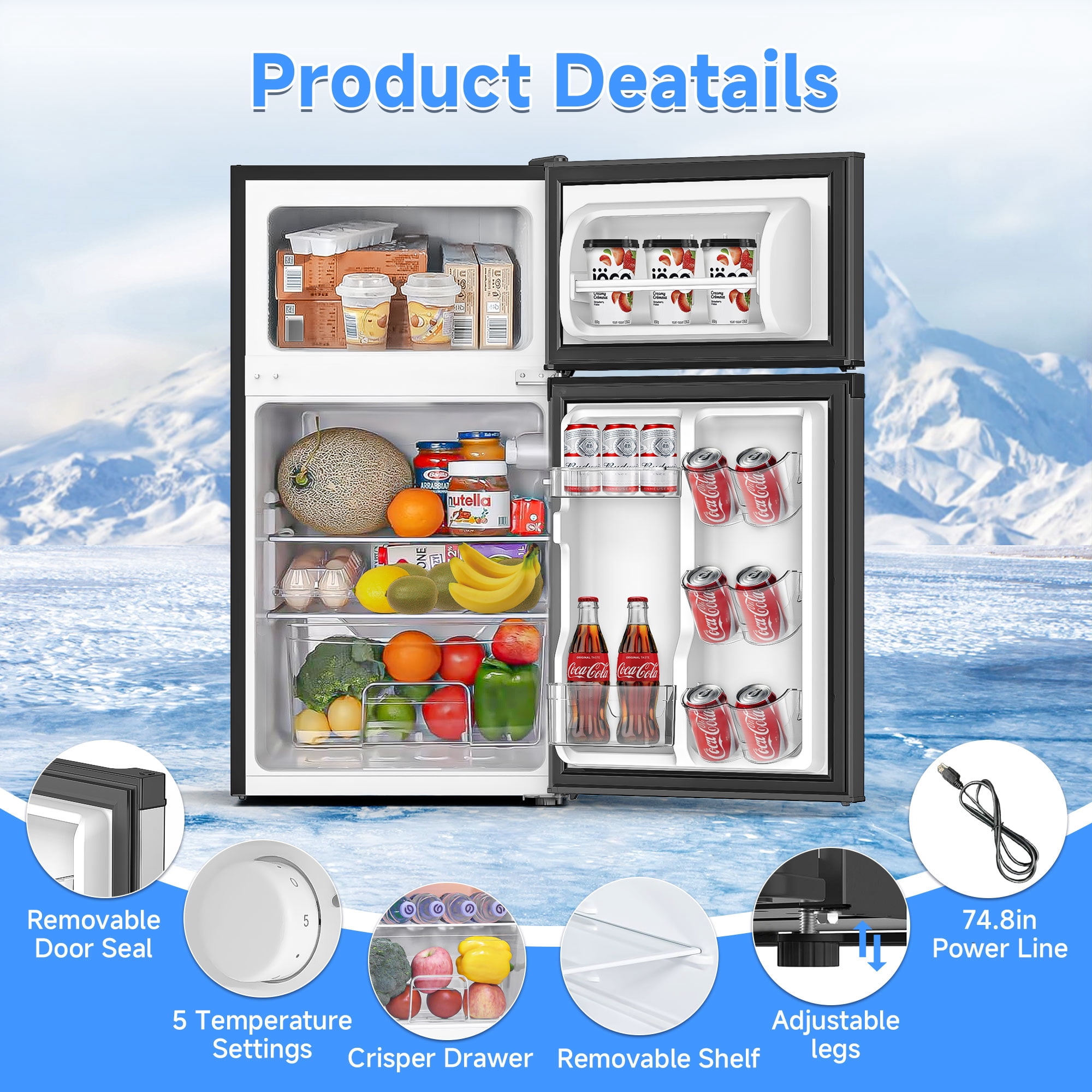 Aootek 3.2 Cu.ft Two Door Mini Fridge with Freezer Energy-Saving Compact Refrigerator Suitable for Bedroom,Apartment,Kitchens, Offices, Dormitories Black