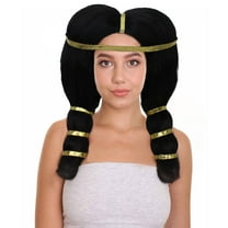 HPO Adult Women's Ancient Egyptian Straight Black Wig with Golden Ornaments, Best for Halloween, Flame-retardant Synthetic Materials