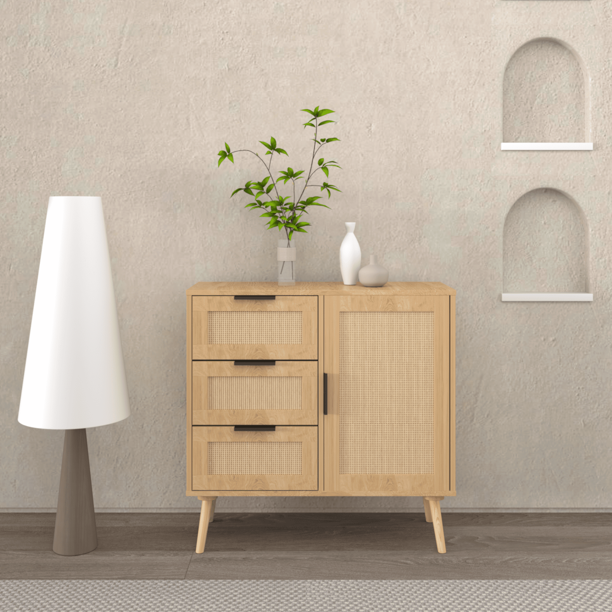 Modern Sideboard Buffet Cabinet with 3 Drawer,Rattan Wood Dresser for Bedroom,Living Room,Entryway,Hallway,Natural