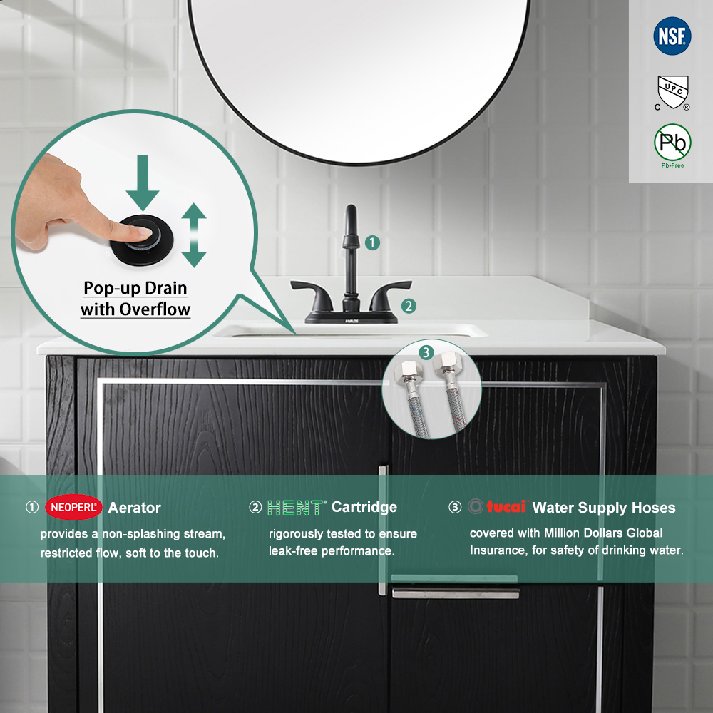 PARLOS Two-Handle Bathroom Sink Faucet with Metal Drain Assembly and Supply Hose, Matte Black