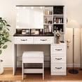 thumbnail image 2 of Vabches Vanity Set with Stool and Light, Glass Top, Modern Makeup Table with 5 Drawers, Black, 2 of 9