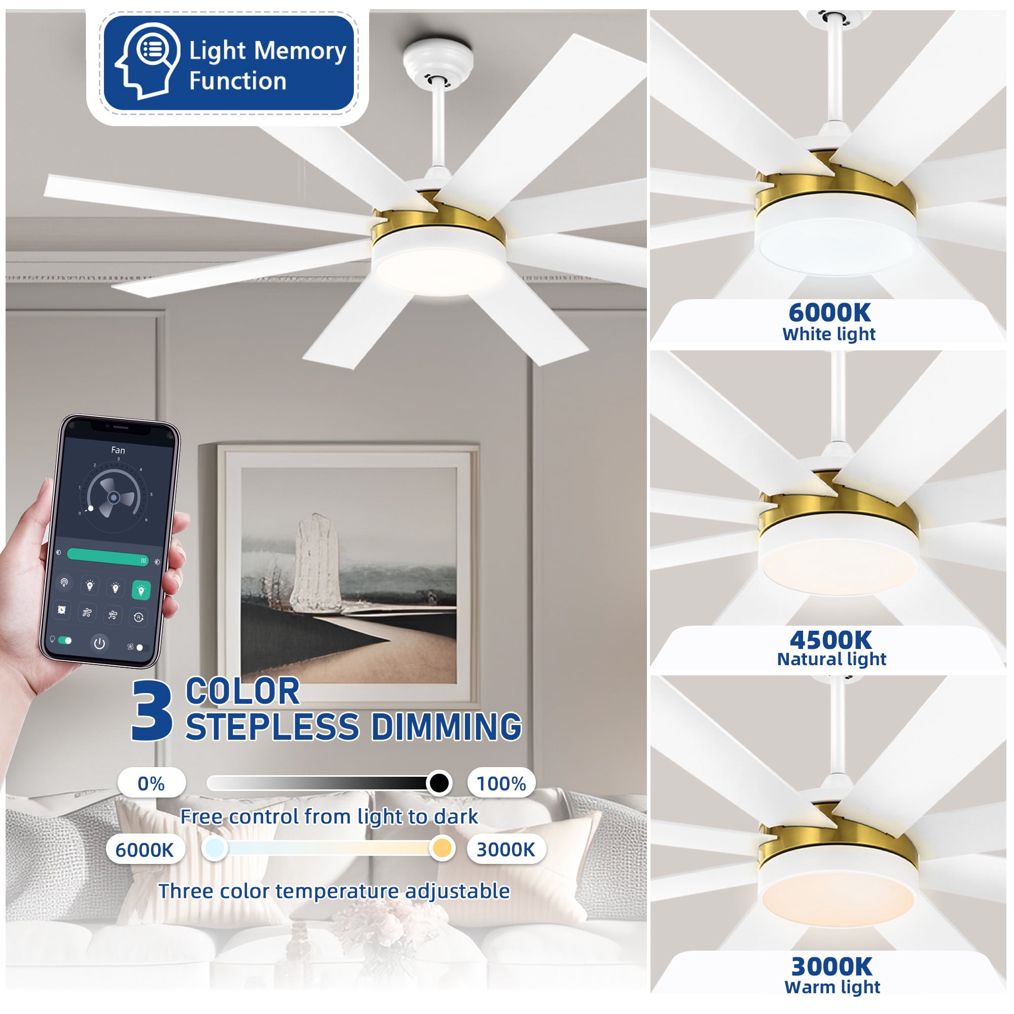 Dextrus 60'' White and Gold LED Modern Indoors Ceiling Fan with Remote
