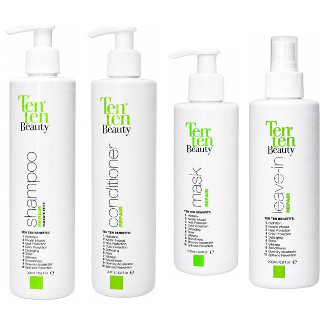 Set Capilar Ten Ten Beauty Repair Reparador Verde 4 Piezas Shampoo Acondicionador Mascarilla y Tratamiento