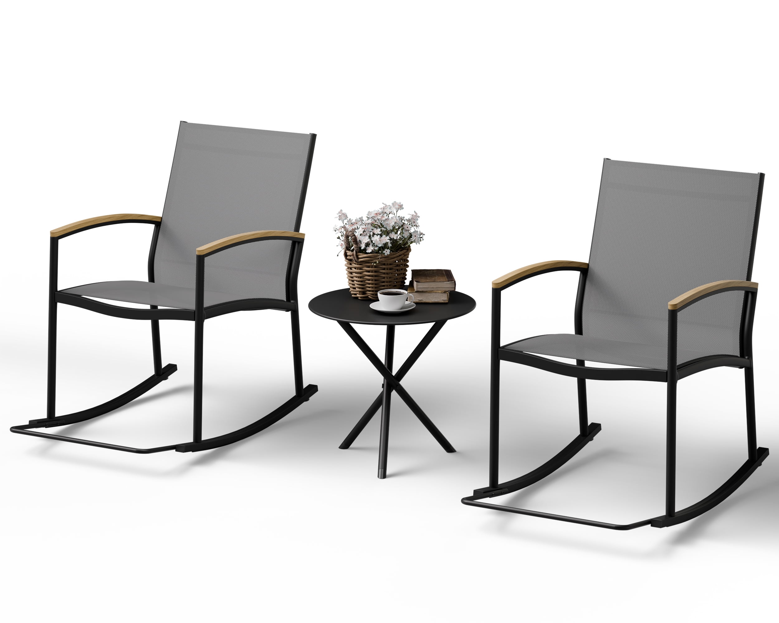 Walsunny Modern Rocking Bistro Set with Textilene Chair Conversation Sets, Light Gray Frame