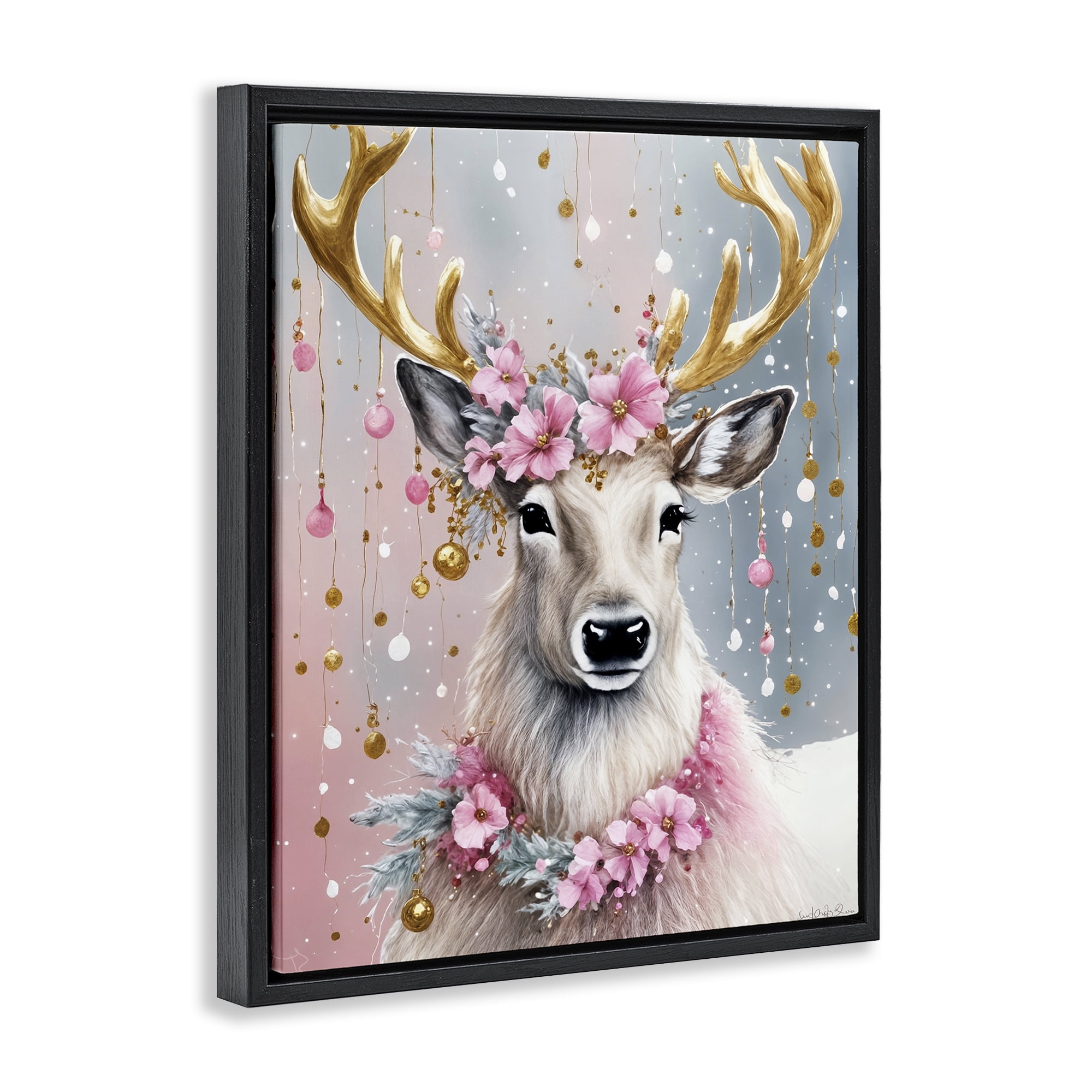 Stupell Industries Pink Floral Festive Reindeer Holiday Painting Black Floater Framed Canvas Art Prints Wall Art, 25 x 31