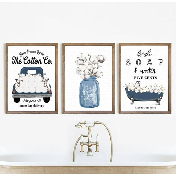 UNFFRAMED Set Navy Cotton Bathroom Wall Art Cotton Co Bathroom Wall Decor, Blue Vintage Farmhouse Bathroom Set 3 Prints 16x24