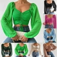 thumbnail image 3 of Women Tops Puff Sleeve Close-Fitting Drawstring V-Neck Hot Tee Shirts, 3 of 9