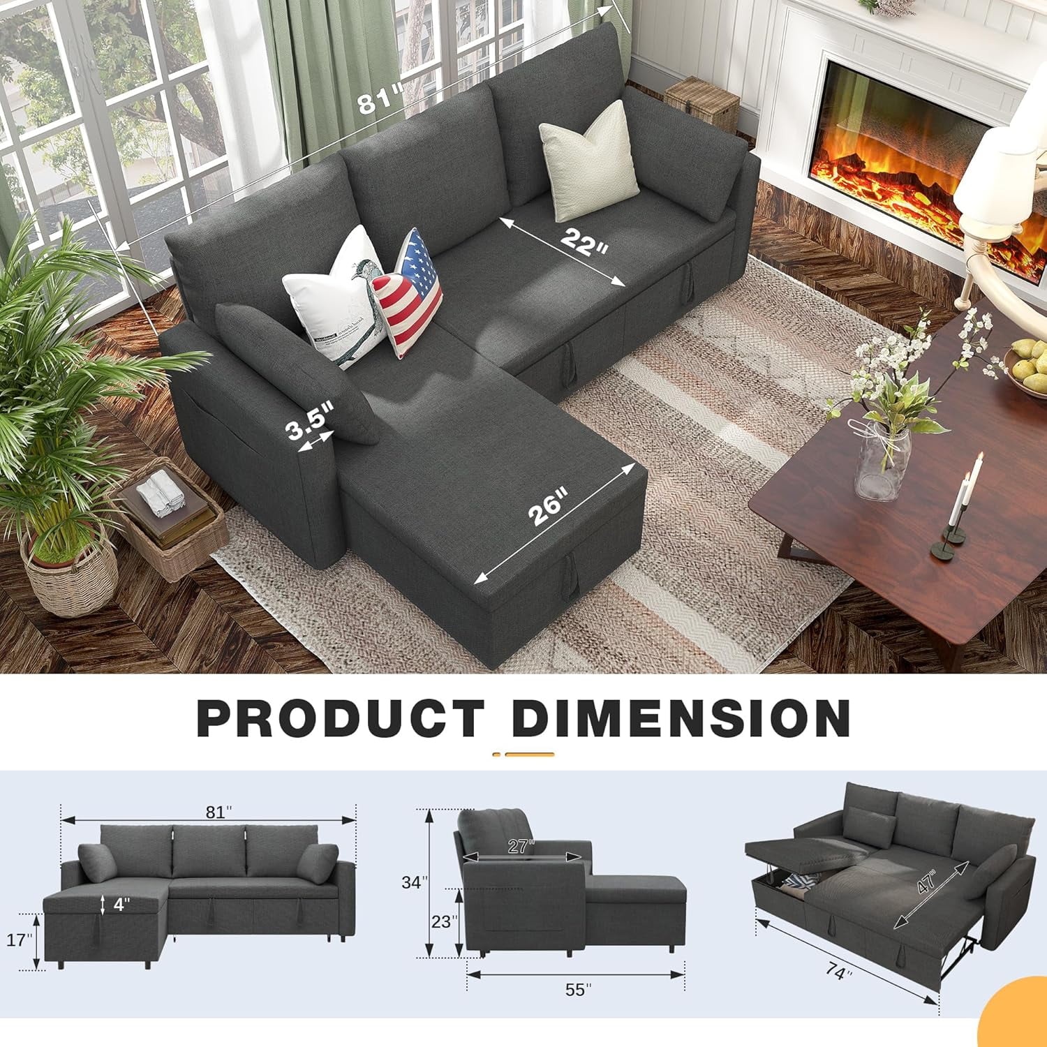 Betisef Sleeper Soft Bed,Pull Out Couch Bed with Storage Chaise,Iron Frame Soft Futon Sofa,Convertible Sleeper Couch for Living Room/Apartment/Office. (Corduroy L-Shape, Beige)
