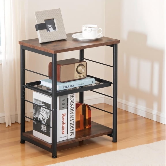 Topcobe 3-Tier Industrial Side Table with Adjustable Mesh Shelf, Small Sofa Table for Small Spaces, Living Room Furniture