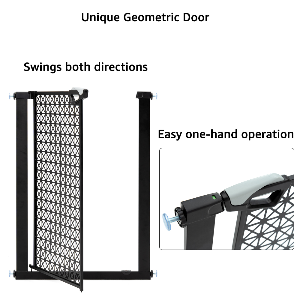 Unipaws 39.4” Tall Pressure Mounted Pet Gate, Fits 29-43 Inches Wide Dog Gate with 2.8" & 5.5" Extensions and Auto-Close and Hold-Open Door, No Drill, Black Geometric Design