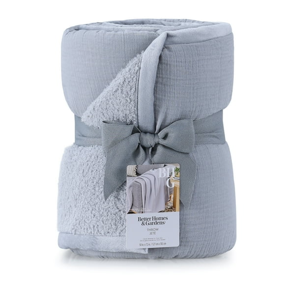 Better Homes & Gardens Gauze Reverse to Cozy Knit Throw Blanket Soft Silver, 50"X72"