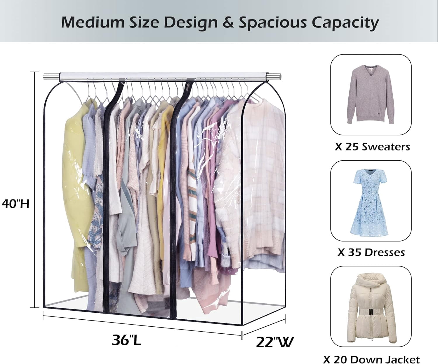 50'' Extra Large Clear Hanging Garment Bags for Closet Storage Bottom Enclosed Garment Rack Cover Sealed Wardrobe Clothes Protector for Coats, Suits, Dresses （Not Including Frame）