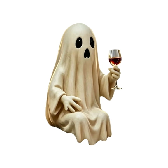 FEISHENTT Cute Sitting Ghost Figurine Holding Glass, Resin Spooky Ghost Statue Halloween Tabletop Decor for Home Shelf Mantel Party Ornament