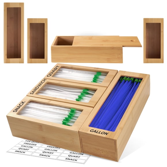 Organizador De Bolsas De Almacenamiento Organizador De Bolsas De Bambú Para Cajón 4 Cajas Modulares Con Etiquetas Organizador De Almacenamiento De Bolsas De Plástico Recarga Rápida Por Woodenhouse