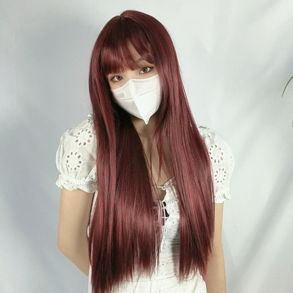 Women Wig Extension,Long Straight Wig Blunt Long Hair Extension Blunt Bangs Long Wig Elevated Design