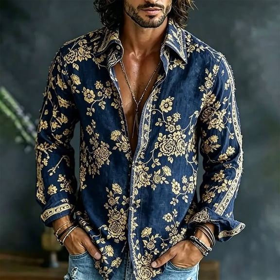 Fsmtpdam Long Sleeve Shirts for Men Hawaiian Button Down Collared Retro Floral Print Tops Boho Lightweight Beach Vacation Vintage Shirt