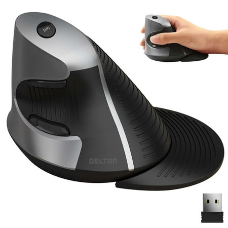 Delton S22 Ergonomic Vertical Wireless Mouse with USB Dongle 6 Buttons 3 Level DPI 800/1600/2400 Removable Palm Rest Noiseless & Durable Compatible with Laptop PC MacBook – Black