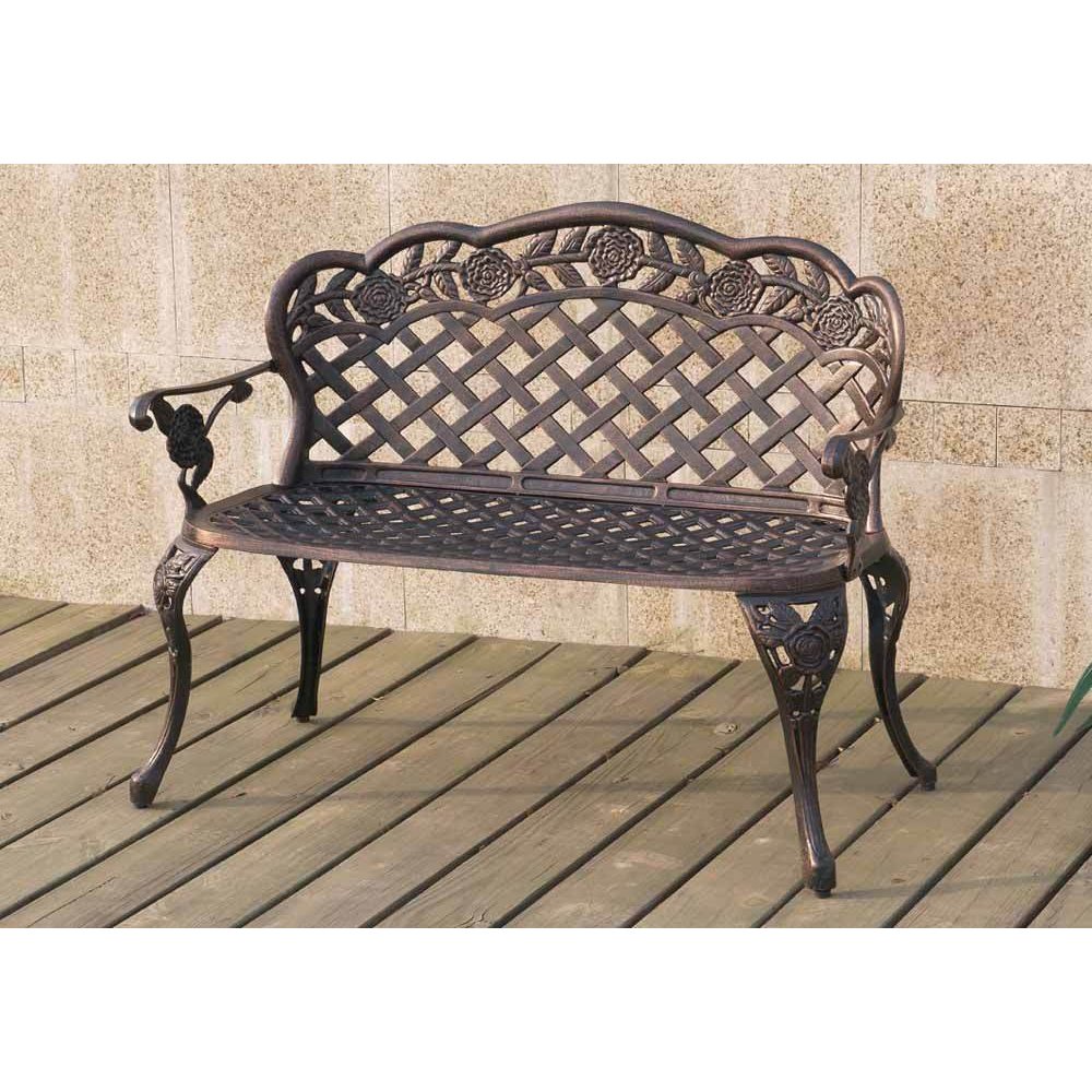 Outdoor Patio Garden Park Metal Iron Bench Floral Weaved Pattern Bronze