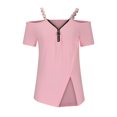 thumbnail image 4 of Royisotas Womens Loose Shirts off Shoulder Blouses Dressy Tunic Short Sleeve Zipper Fashion T Shirts for Women V Neck, 4 of 6