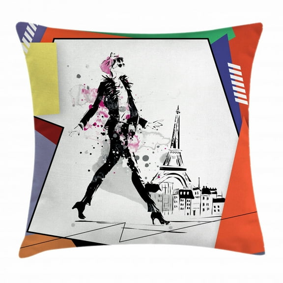 Fashion House Decor Throw Pillow Cushion Cover, A Girl Walking in Streets of Paris Sketch Style Romantic Eiffel Tower Image, Decorative Square Accent Pillow Case, 16 X 16 Inches, Orange, by Ambesonne