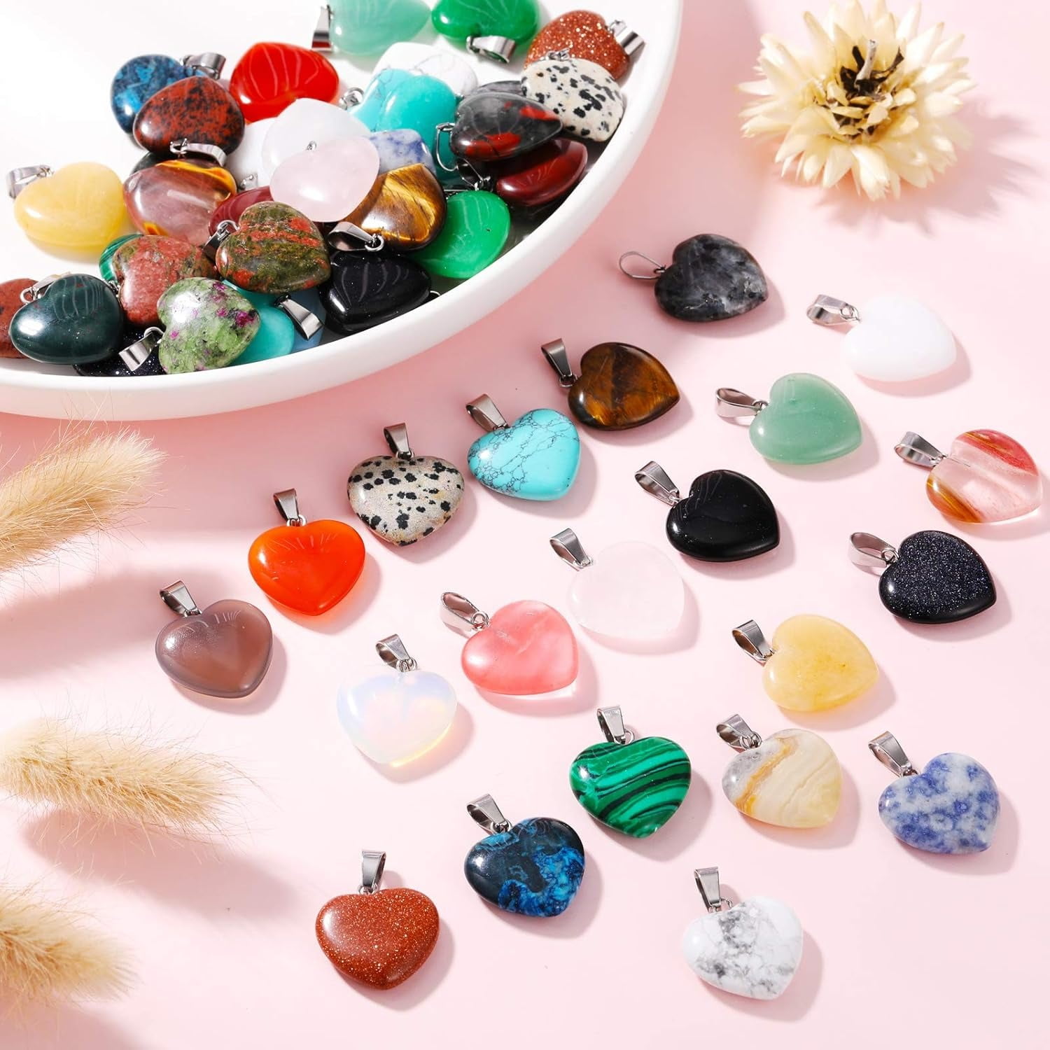 100Pcs DIY Crystal Stone Jewelry Necklace Heart Shaped Stone Pendant Beads
