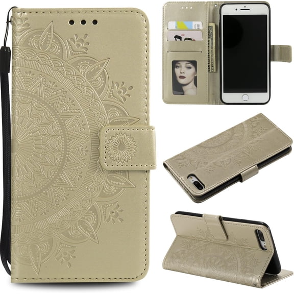 Mandala Phone Cover for iPhone 7 Plus iPhone 8 Plus, Ultra Slim Flip Case with Card Slot, Magnetic Closure, Embossing PU Leather Case with Stand Function and Lanyard, Foldable Motif-Gold