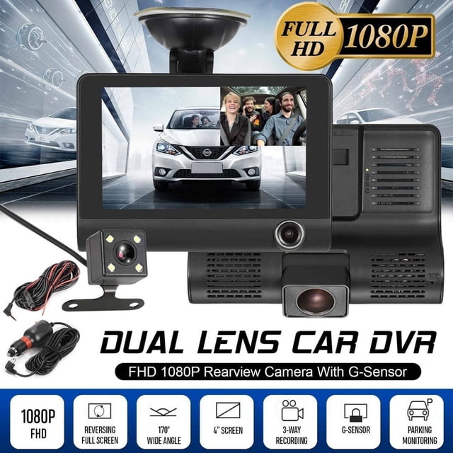 Dosaele 3 in 1 Camera Car Dash Cam with 4” Touch Screen Car DVR 170 Degree 1080P HD Dash Cam Dual Lens Dashcam w/Rear View Camera Car Front Back Inside Video Recorder
