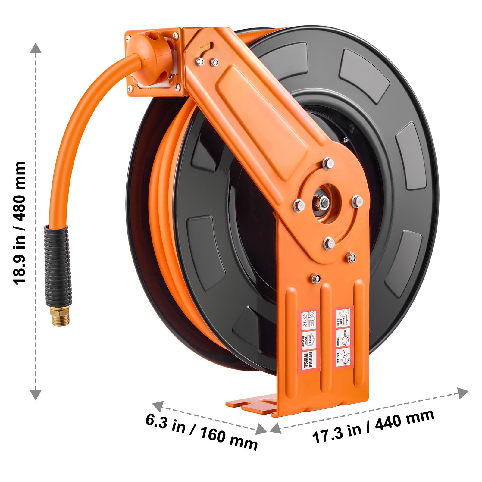 KFFKFF Retractable Air Hose Reel, 1/2 IN x 50 FT Air Hose Max 300PSI, Air Pump Hose Spool Self-Retracting with 5FT Lead in, Ceiling/Wall Install Robust Single Arm Steel Spool, 1/2" NPT Connection