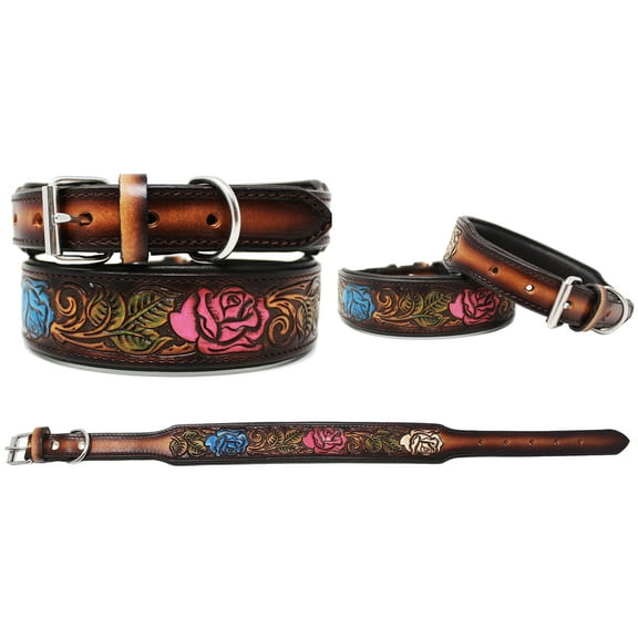 Medium 17''- 21''  Padded Leather Hand Crafted Tooled Dog Collar 60FK52