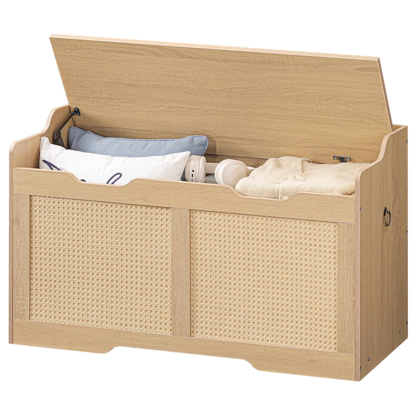 HOOBRO 39.4" Long Storage Chest, Large Storage Box, Toy Chest with Faux Rattan Decoration, Toy Box Organizer, Shoe Bench, with Safety Hinge and U-Shaped Cutouts, Living Room NL82CW01