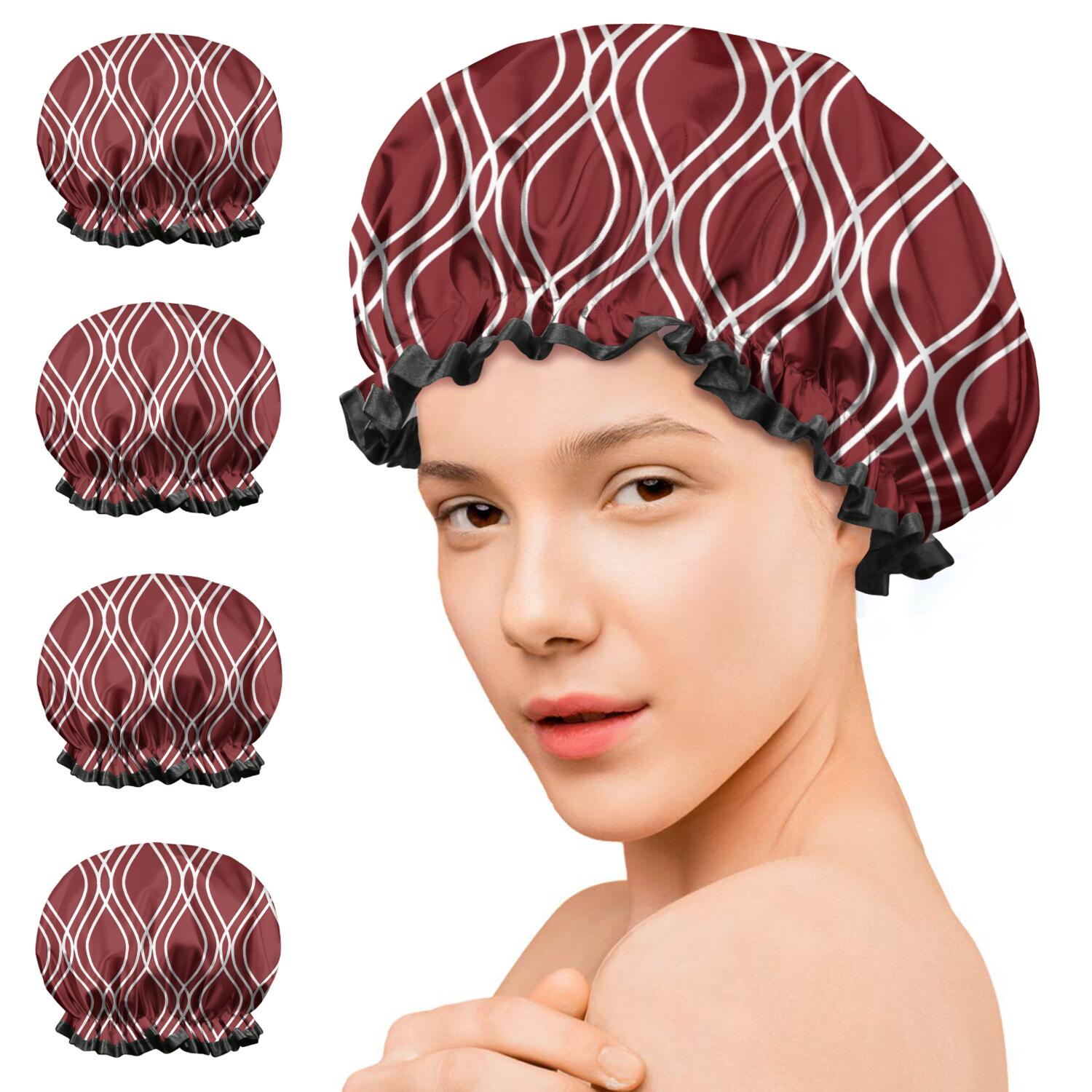 Shower Caps,Burgundy and White Wavy Pattern Waterproof Shower Cap for Women 4 Pieces,Double Reusable Hair Cover for Shower PEVA Elastic Stretch Hem