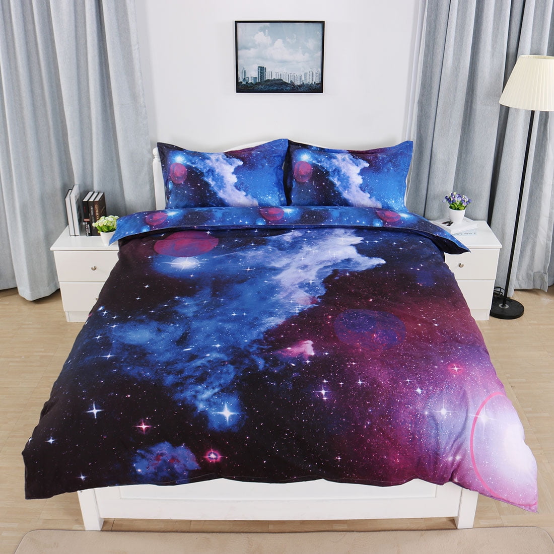WINLIFE Galaxy Outer Space Print Duvet Cover Full 3-Pieces Reversible Blue/Purple Starry Sky Bedding Sets Ultra Soft Microfiber Bed Set with Hidden Zipper & Corner Ties Full