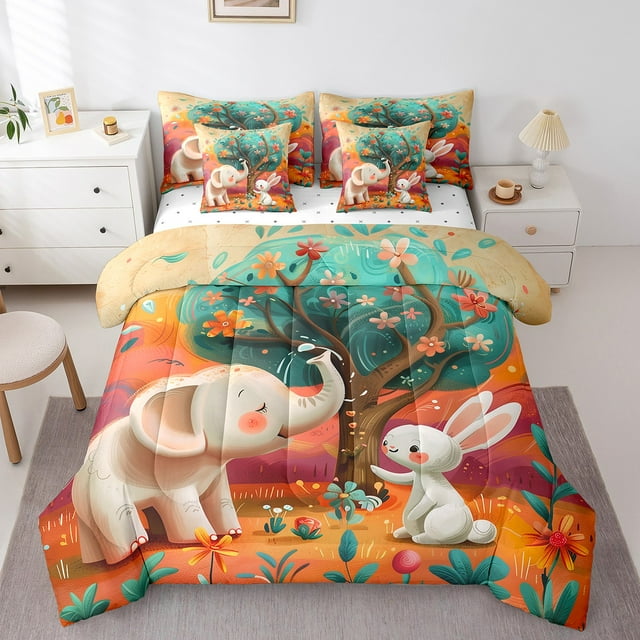 YST Elephant Rabbit Bedding King Size 7pcs For Kids Funny Wild Animal Comforter Set,Rainbow Flower Bedding Comforter Sets Cartoon Graffiti Bed In A Bag Hippie Tree Of Life Bedding Sets