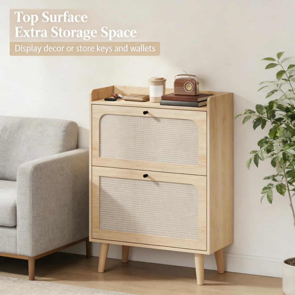 Rattan Door Slim Shoe Cabinet 31.5" Narrow Entryway Shoe Storage Bench Adjustable Shelves Oak & Black Hallway Organizer with Anti-Tipping Design