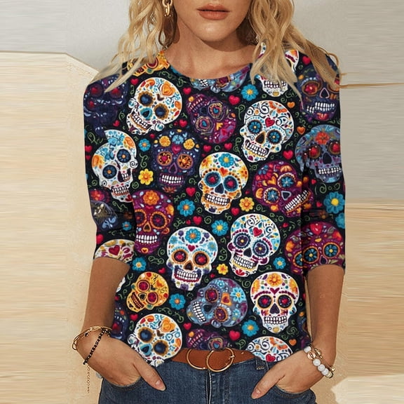IUYRTFE Women's Day of the Dead Sugar Skull Print Crew Neck 3/4 Sleeve T-Shirt Loose Fit Casual Fall Top