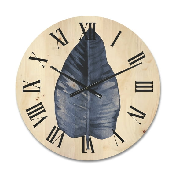 Designart 'Blue Leaf Watercolour On White Background' Traditional Wood Wall Clock