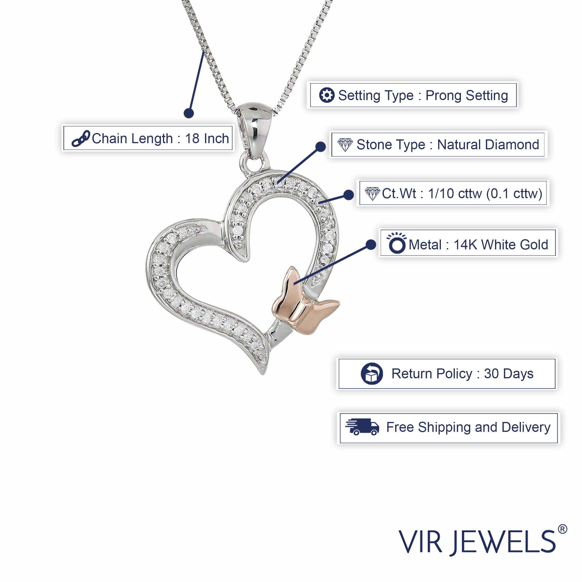 Vir Jewels 1/10 cttw Diamond Pendant, Diamond Butterfly and Heart Pendant Necklace for Women in 14K White Gold with 18 Inch Chain, Prong Setting For Female Adult