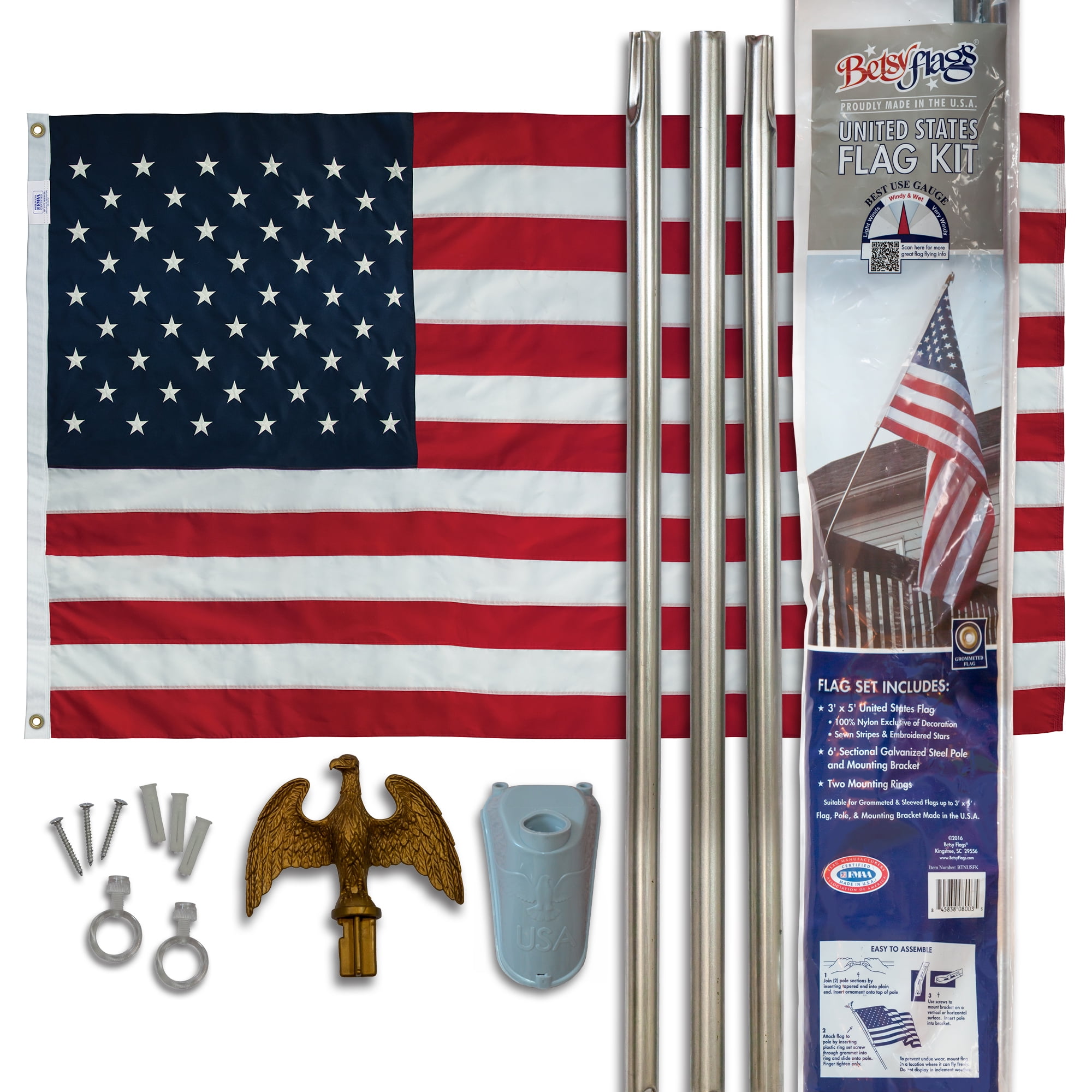 American flag kit アメリカ国旗セット 6 ft. Silver Steel Flagpole Betsy Flags American Nylon Flag Kit
