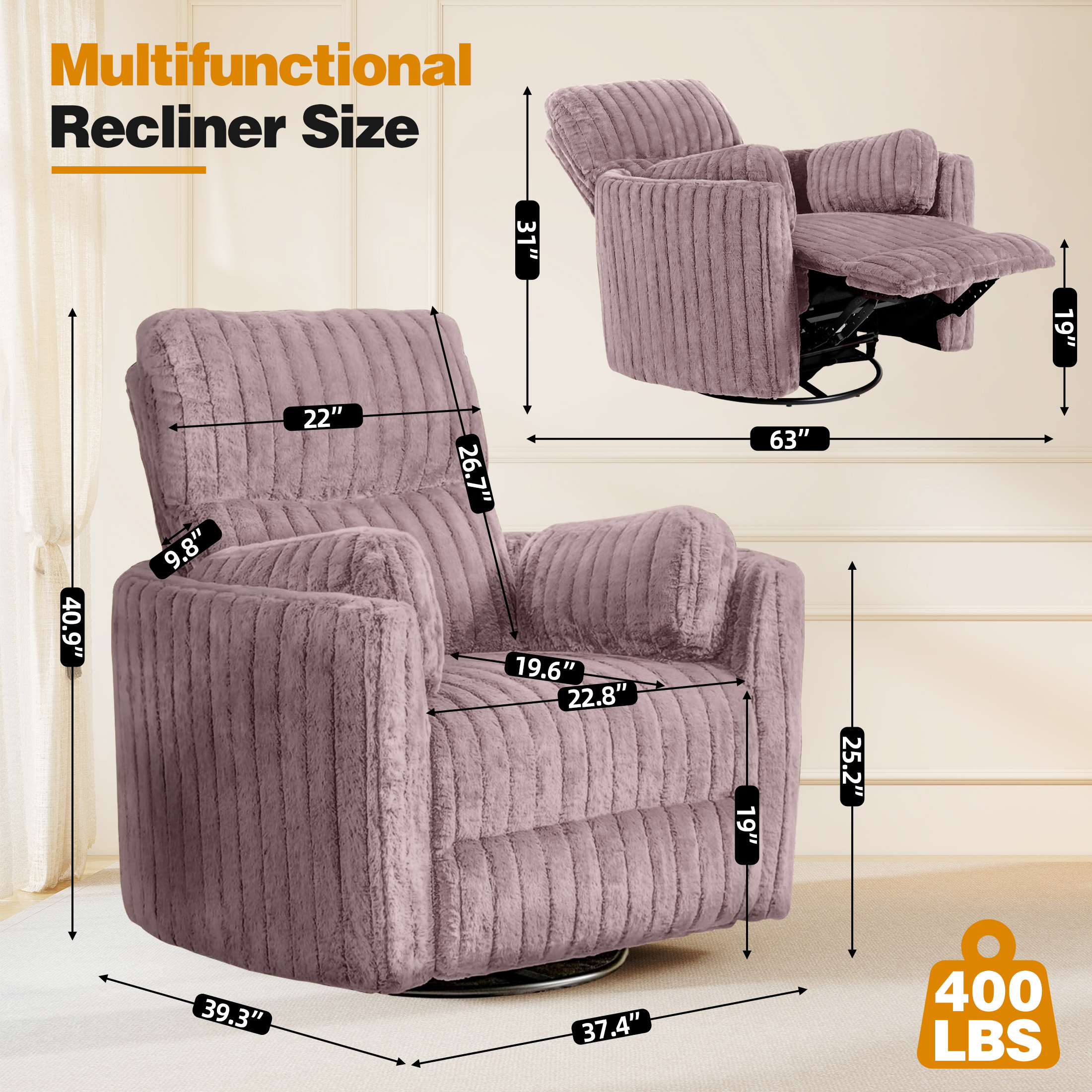 Aukfa Swivel Rocking Glider Power Recliner Chair with 24" Wide Seat & Type-C & USB Ports, Taupe