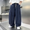 thumbnail image 4 of Hurxie Boys Baggy Sweatpants Wide Leg Open Bottom Elastic Waist Athletic Joggers Pants with Pockets Navy,14-15 Years, 4 of 7