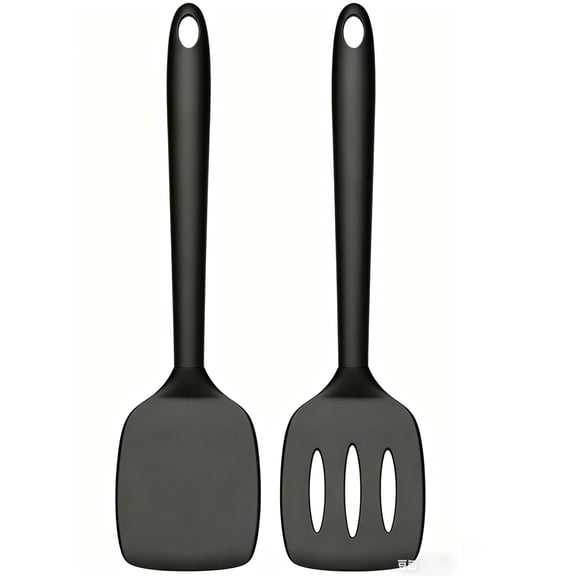 2 Pack Silicone Spatula Set, High Heat Resistant, BPA Free Kitchen Spatula, Solid & Slotted Turner for Non-Stick Pans, Sautéing, and Flipping (2, PureBlack)